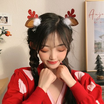 秋冬季圣誕節發夾女網紅新款毛絨側邊劉海邊夾子可愛紅色鹿角頭飾