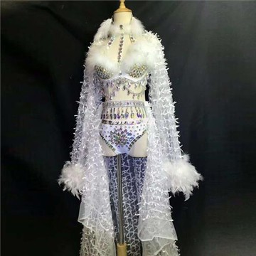 演出服夜店酒吧女歌手舞蹈隊假露肉印花滿鉆長袖流蘇包臀裙表演