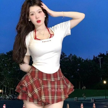 （免運）🌷臺灣出貨🌷佳儷塑形衣坊胖MM夏季新款短袖T恤ins辣妹上衣+顯瘦半身裙高腰性感辣妹格子裙