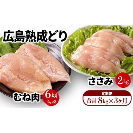 ふるさと納税 年内受付12 10まで 鶏肉 セット 定期便 3カ月 広島熟成どり 8kg むね肉 6kg ・ ささみ 2kg  広島県安芸高田市