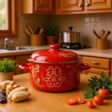 紅雙喜雙耳燉鍋熬粥煎藥不粘鍋喜慶結婚用品加厚搪瓷燉鍋煲湯家用