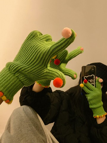 小糖豆露指毛線針織五指手套冬季女觸屏保暖騎車五指