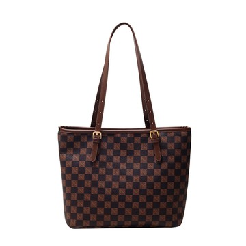 【Sp house】復古格紋印花大容量單肩側肩通勤包(咖啡)