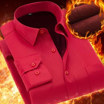 冬季加絨保暖大紅色長袖休閑襯衫