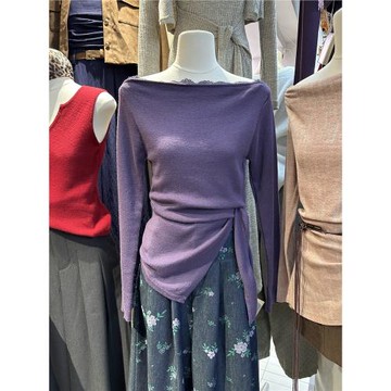 十三行新款韓版秋季修身側系帶設計拼蕾絲邊一字肩顯瘦百搭針織衫