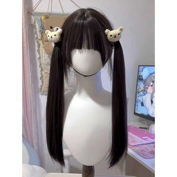【KEKE】假髮女 75cm 冷棕色 長直髮 齊劉海 有鬢角 Lolita 洛麗塔 雙馬尾 全頭套 輕薄逼真！ 韓版