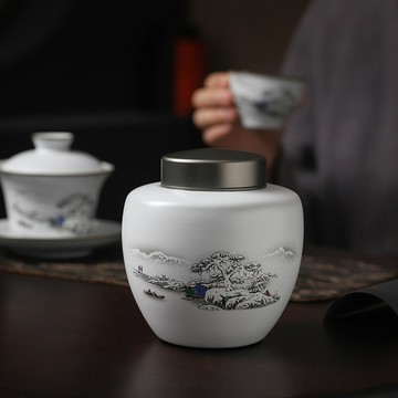 陶福氣 雪景茶葉罐功夫茶具零配件陶瓷密封罐輕奢茶道儲物罐