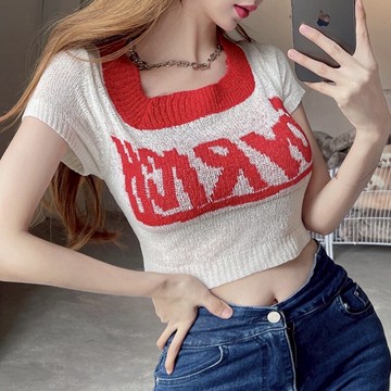 網紅ins方領短袖針織T恤女夏新款小個子甜辣高腰短款露臍上衣