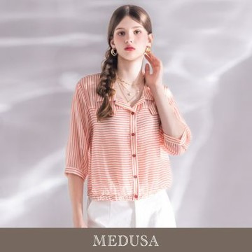 現貨【MEDUSA 曼度莎】輕盈天絲珊瑚條紋七分袖薄襯衫（M-XL）｜襯衫女 短袖襯衫 涼感穿搭