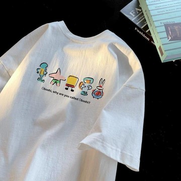 2026美式寬鬆半袖百搭上衣港風男裝爆款短袖海綿寶寶新款夏季情侶