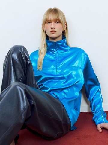 Satin Quarter Zip Blouse [Lagoon Blue]