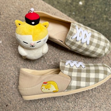 Paidalx黃阿瑪 格紋文青假綁帶2WAY懶人鞋不彎腰鞋休閒鞋-抹茶奶