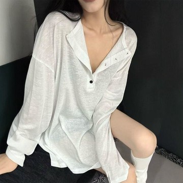 【🍇精選】150kg可穿 特大碼韓系半開領簡約長袖T恤女 夏天 大碼外搭 大碼防曬罩衫上衣 防曬衫 遮肉顯瘦薄款上衣