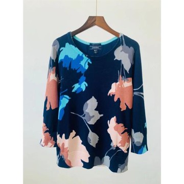 外貿出口美單尾貨肥大碼媽媽裝比馬棉印花圓領針織衫七分袖女毛衣