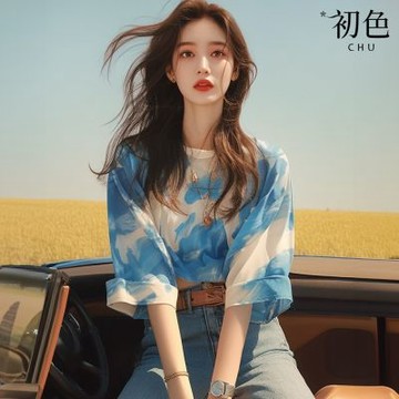 初色 寬鬆波紋印花圓領五分短袖T恤上衣女上衣-藍色-35960(M-2XL可選)