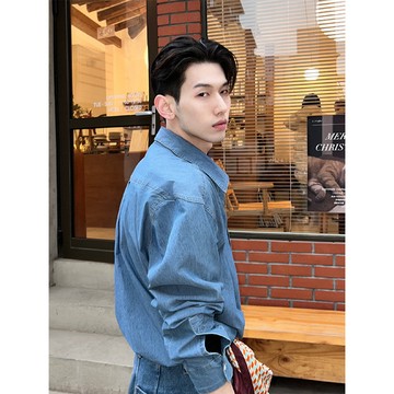 韓係百搭丹寧長袖襯衫 牛仔襯衫 雅痞時尚流穿搭牛仔襯衫男高級感韓係chic別緻上衣男裝長袖襯衣 PDHC