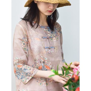 中式復古國風七分袖苧麻印花盤扣襯衫清新文藝夏季棉麻女裝上衣女