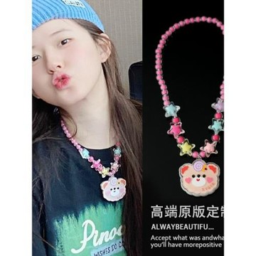 趙露思同款項鏈卡通小熊吊墜彩色串珠發光鎖骨鏈甜酷超仙頸鏈女