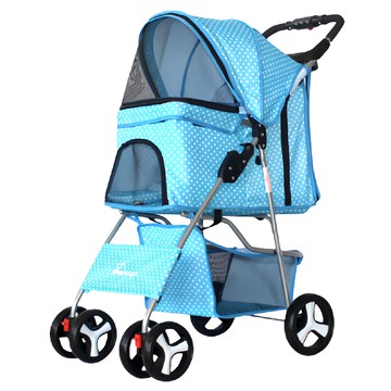 Doogo 寵物四輪推車 天藍色波點 貓狗通用 四輪穩定設計 可折疊易攜帶  1台  天藍色