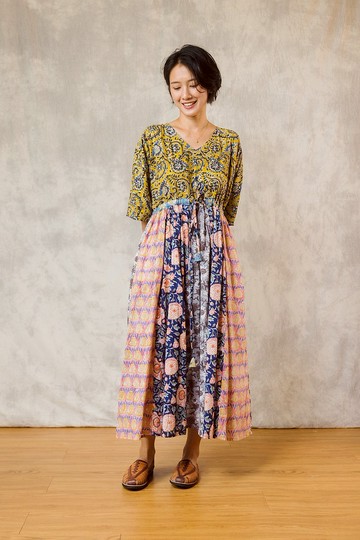 木刻印拼接花花收腰洋裝_黃