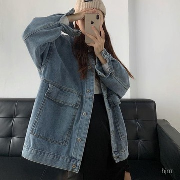 複古大口袋牛仔外套女春秋韓版bf風寬鬆中長百搭學生夾克港味上衣 牛仔外套 夾克外套 外套女 寬鬆外套 牛仔上衣