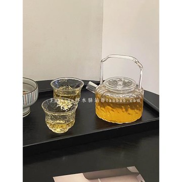 ins日式錘紋提梁壺透明玻璃茶壺高硼硅煮茶壺優雅花茶壺茶杯套裝