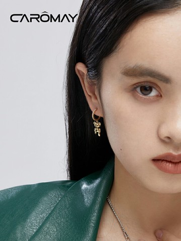 CAROMAY萌趣蝴蝶結機械熊耳環女不對稱925銀針耳墜個性設計感耳飾