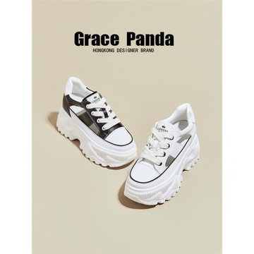 香港GRACEPANDA2025夏新款真皮透氣鏤空運動厚底內增高包頭涼鞋女