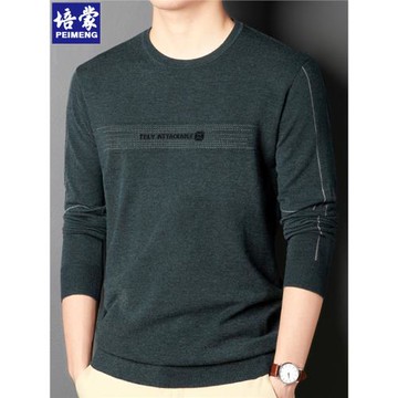 培蒙長袖T恤男時尚春秋運動寬松中年男士體恤圓領打底針織衫男裝C