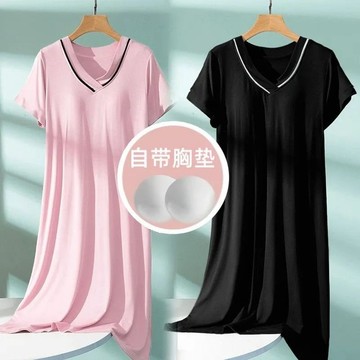 女生家居服 睡衣 帶胸墊睡裙 女 短袖睡衣 夏季薄款 寬松大碼 V領睡衣 中長款家居服可外穿
