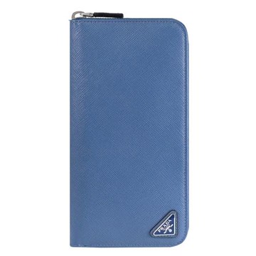 PRADA 2ML317 簡約三角LOGO防刮寬版ㄇ字拉鍊長夾.天藍