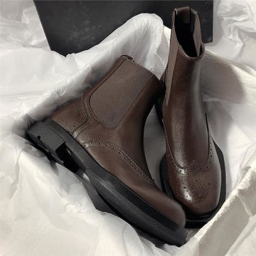 森嶼海巷 2025新款真皮雕花短靴文藝復古切爾西靴騎士平底靴子女