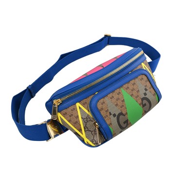 GUCCI 733240 GG Rhombus 限定撞色印花皮革斜背胸口/腰包.藍邊