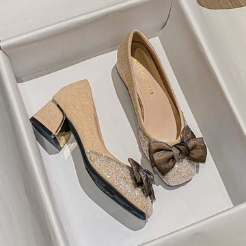 水鉆法式方頭粗跟中跟晚風單鞋女2024年新款大碼女鞋41-43春秋款