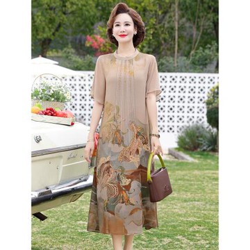 夏裝中老年女裝四五十歲中年媽媽闊太太連衣裙遮肚子減齡雪紡裙子