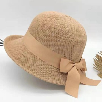 沙灘帽E136帽子女春夏休閒百搭草帽甜美蝴蝶結丸子帽防曬 漁夫帽 小沿盆帽