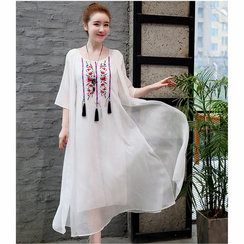 刺繍 ワンピース シフォン スカート 白 レディース 七分袖 ロング丈 エスニック スタイル ふんわり 透け感 通販 Lineポイント最大0 5 Get Lineショッピング