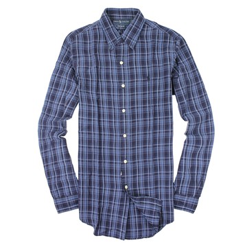 美國百分百【全新真品】Ralph Lauren 襯衫 RL 長袖 上衣 Polo 小馬 藍色 麻紗 格紋 男 S號 E042