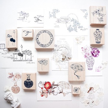 中國風青花系列 原創復古楓木手帳印章 紅橡膠皮