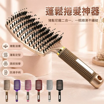 台灣出貨✨ 豬鬃毛大彎梳 蓬鬆捲髮造型梳 防靜電美髮梳 家用順髮按摩梳 圓弧梳齒護髮梳 寵物梳理梳 居家美髮工具
