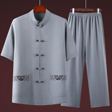 夏季唐裝男中老年短袖爸爸休閑套裝中國風棉麻太極服爺爺寬松衣服