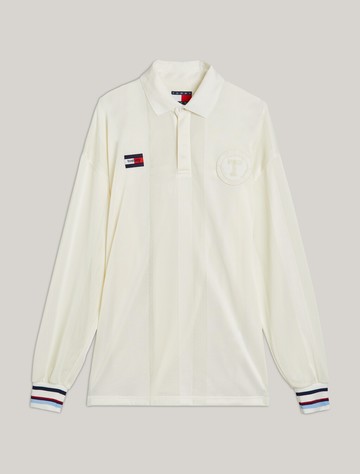 男女同款學院風網布拼接欖球襯衫