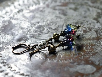 Magic Hour 捷克隕石與手毬黃銅戒指和鏈條的不對稱耳環