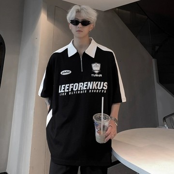 夏季新品 短袖Polo衫 男款打底衫 男士翻領tee 美式複古街頭polo衫短袖T恤男夏季新款寬鬆翻領拚接撞色半袖體恤