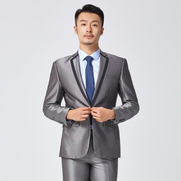 西服套裝男士修身商務休閑時尚銀灰西裝結婚新郎禮服套裝