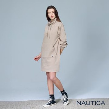 Nautica女裝 立領抽繩長袖連身裙-奶茶色