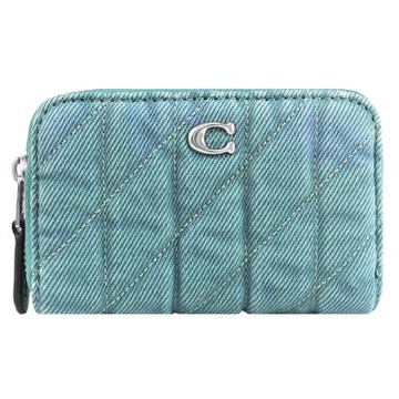 COACH 金屬C LOGO刷色丹寧織布ㄇ字拉鍊零錢包(藍綠)