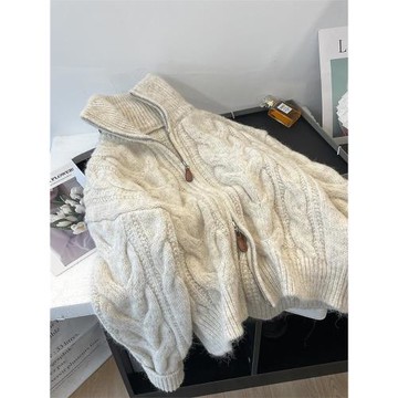 米白色短款高領拉鏈毛衣開衫女秋冬新款寬松軟糯麻花針織外套加厚