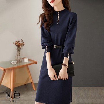 初色 鈕扣裝飾純色七分燈籠袖連身洋裝連衣裙-共2色-30994(F可選)