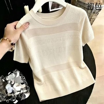 初色 韓系圓領短袖針織T恤上衣女上衣/圓領無袖肌理感針織上衣背心女背心-共2款-52005(F可選)